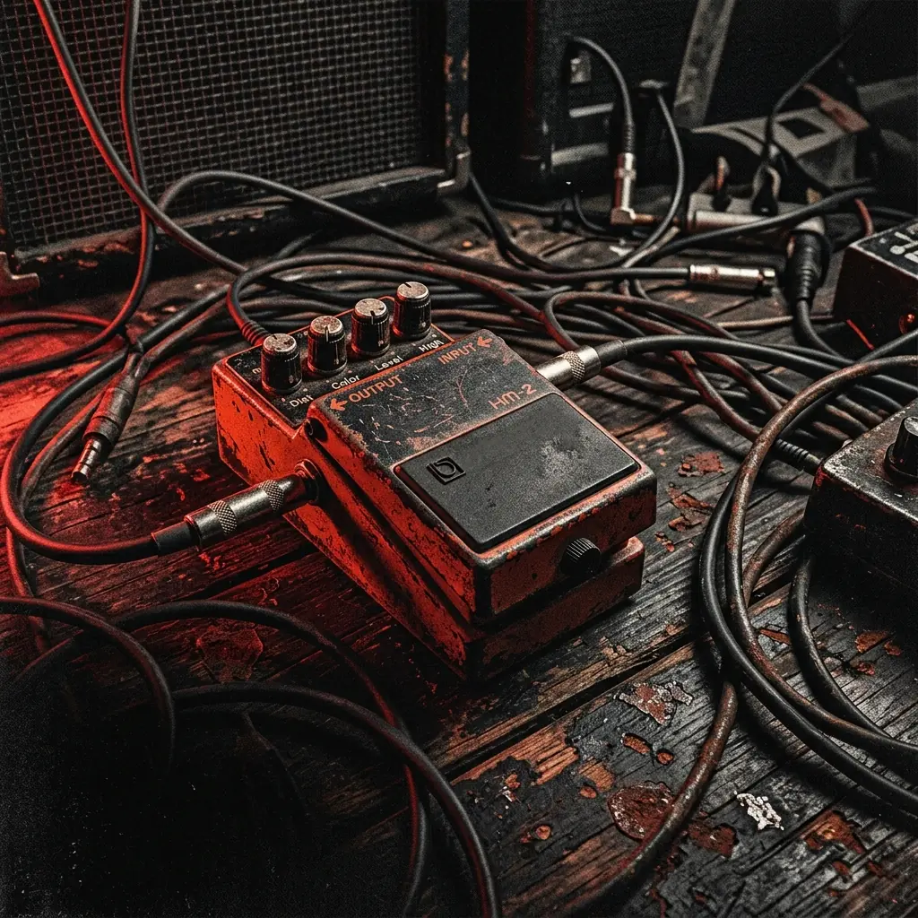 ilustración tributo de un pedal de efectos Boss HM-2 rodeado de cables enroscados sobre una superficie de madera con manchas de óxido, luz lateral roja que proyecta sombras dramáticas, atmósfera death metal Sunlight Studios 1991, sin texto ni logotipos visibles, paleta rojo y negro con detalles metálicos