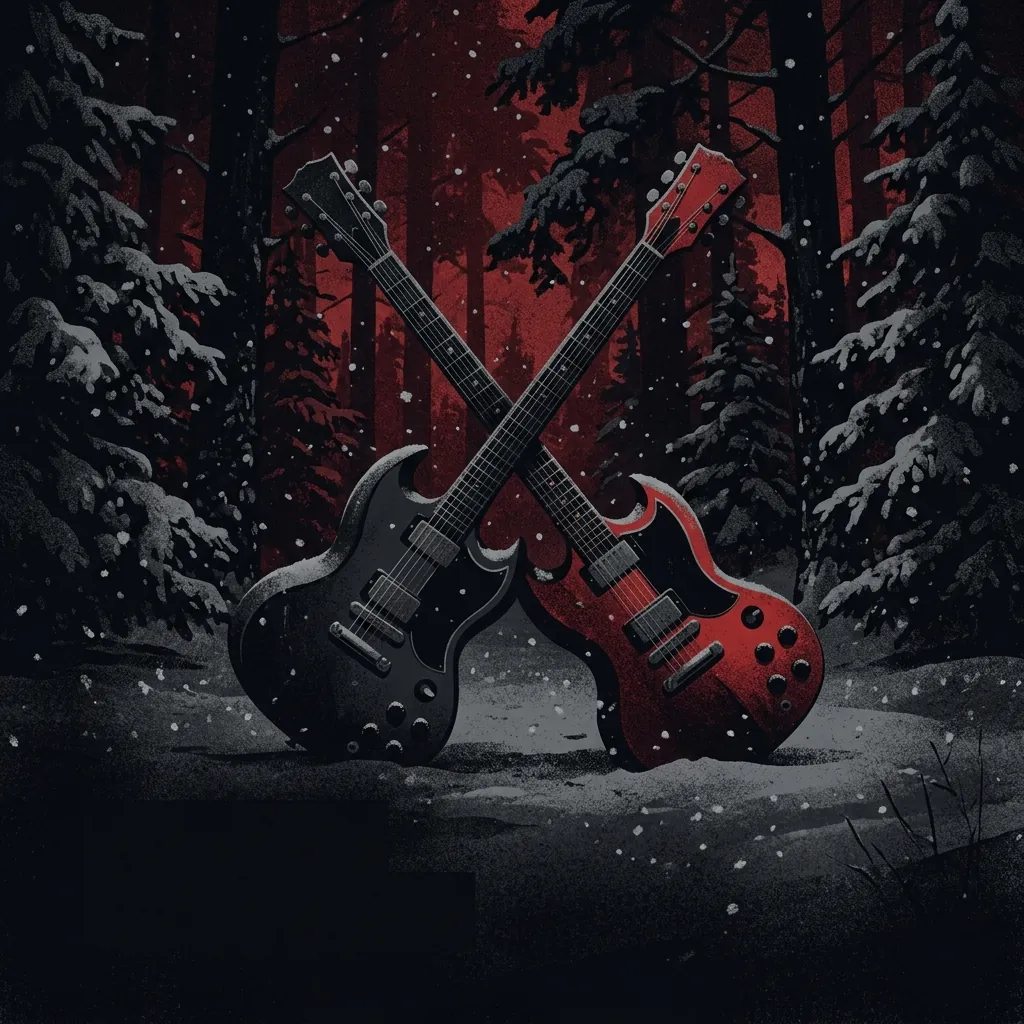 ilustración tributo de dos guitarras eléctricas cruzadas sobre un fondo de bosque nevado sueco en la noche, atmósfera fría y oscura, paleta rojo y negro, sin rostros reconocibles ni logos