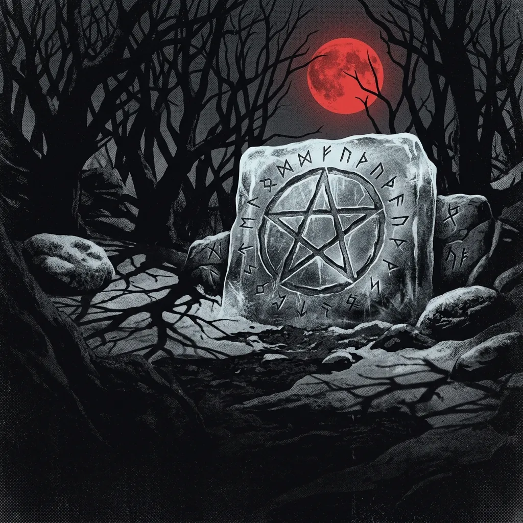 ilustración tributo de un pentagrama tallado en hielo bajo una luna roja, rodeado de runas y sombras de árboles desnudos, atmósfera ritualista y oscura, paleta rojo y negro, sin rostros ni logos