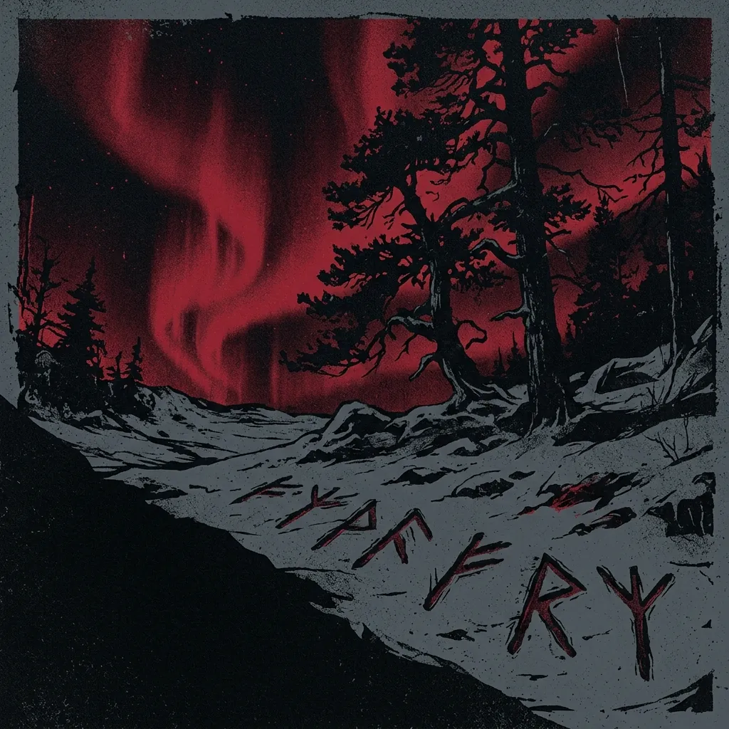 ilustración tributo de un paisaje sueco invernal bajo una aurora boreal roja, con siluetas de árboles y runas grabadas en la nieve, evocación del black metal melódico nórdico, paleta rojo y negro, sin texto ni logotipos