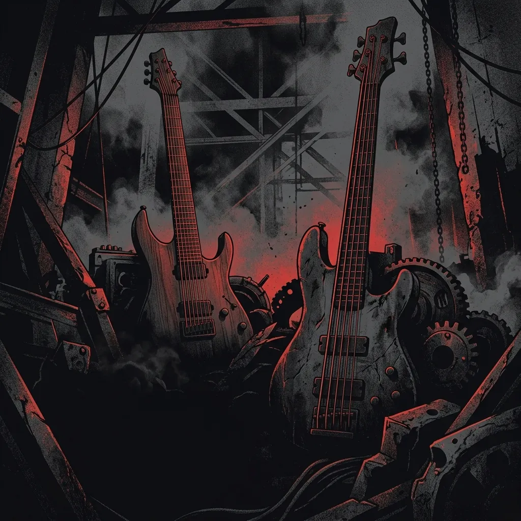 ilustración tributo de una guitarra de siete cuerdas afinada en bajo y un bajo elécrico pesado emergiendo de sombras industriales, atmósfera de peso y oscuridad cavernosa, paleta rojo sangre y negro abismal, sin rostros ni logos