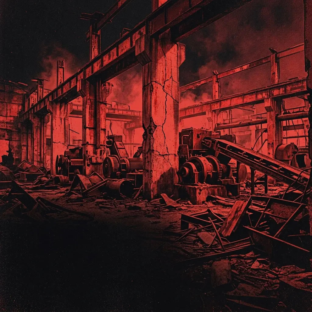ilustración tributo de una estructura industrial en ruinas bañada en luz roja sangre, pilares agrietados y maquinaria abandonada evocando un mundo post-apocalíptico y pesado, paleta rojo y negro, sin rostros reconocibles ni logos