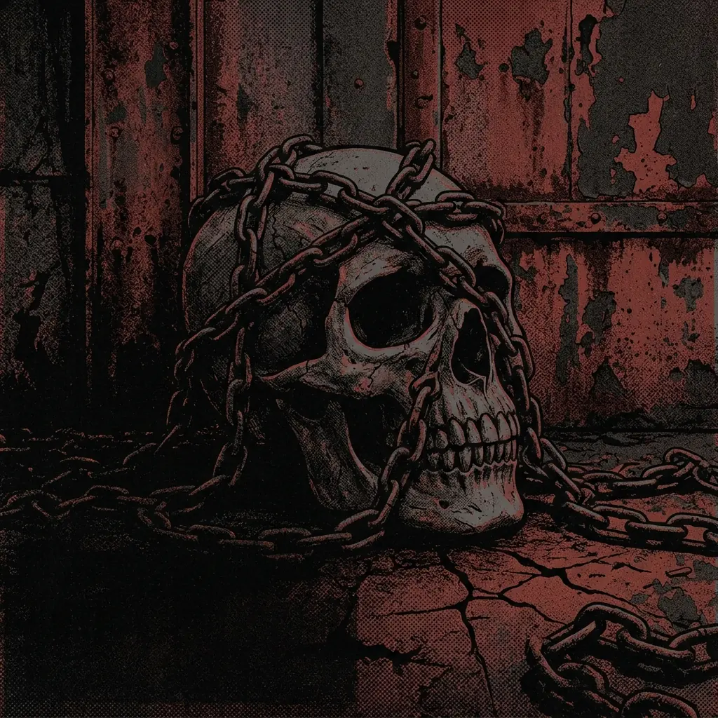 ilustración tributo de un cráneo envuelto en cadenas oxidadas sobre un fondo de texturas industriales en rojo y negro, atmósfera de peso extremo y mitología oscura, sin texto ni logotipos