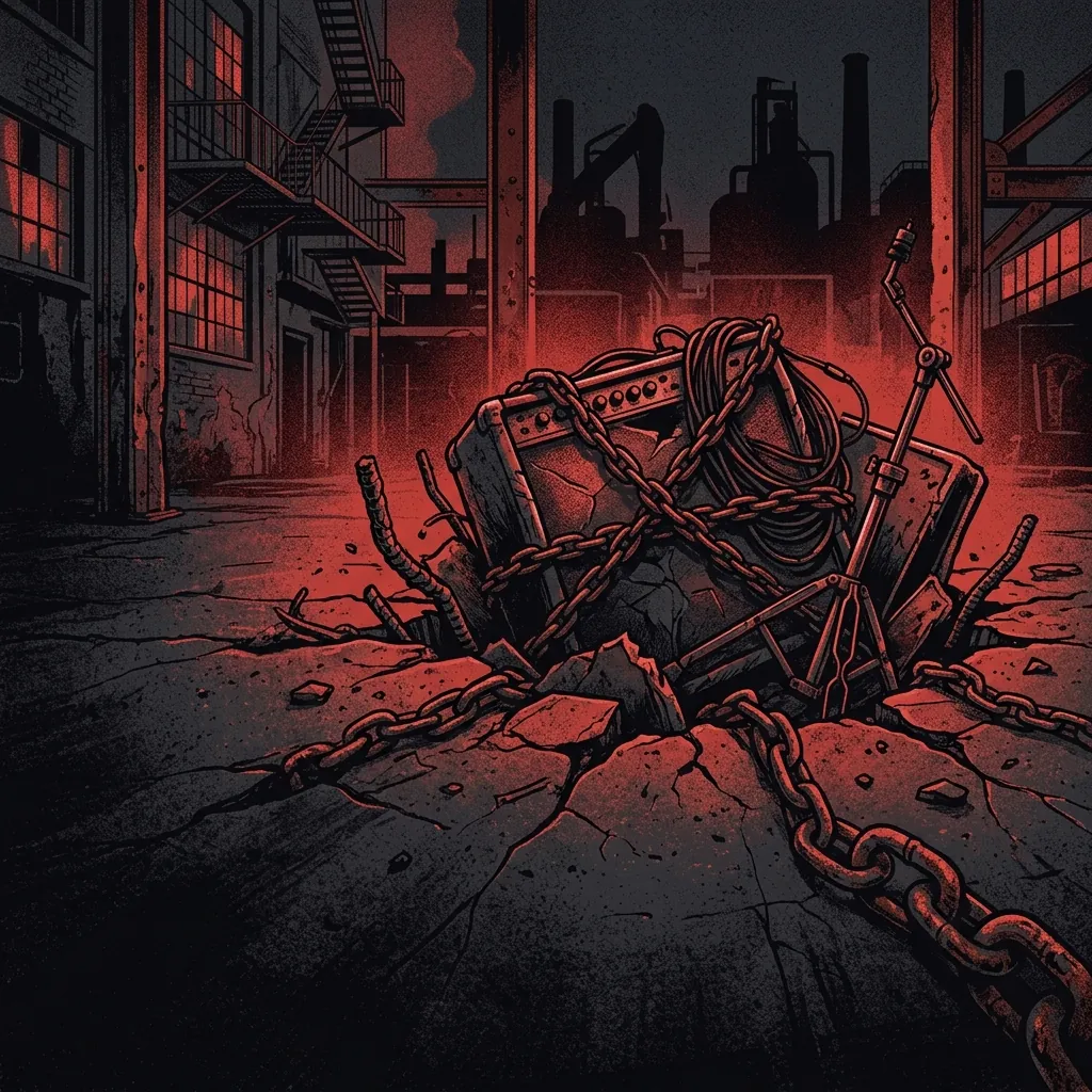 ilustración tributo de una figura encadenada irrumpiendo desde el suelo industrial de Chicago bajo luz roja sangre, atmósfera de heavy metal urbano, sin rostros reconocibles ni logos, paleta rojo y negro con textura metálica