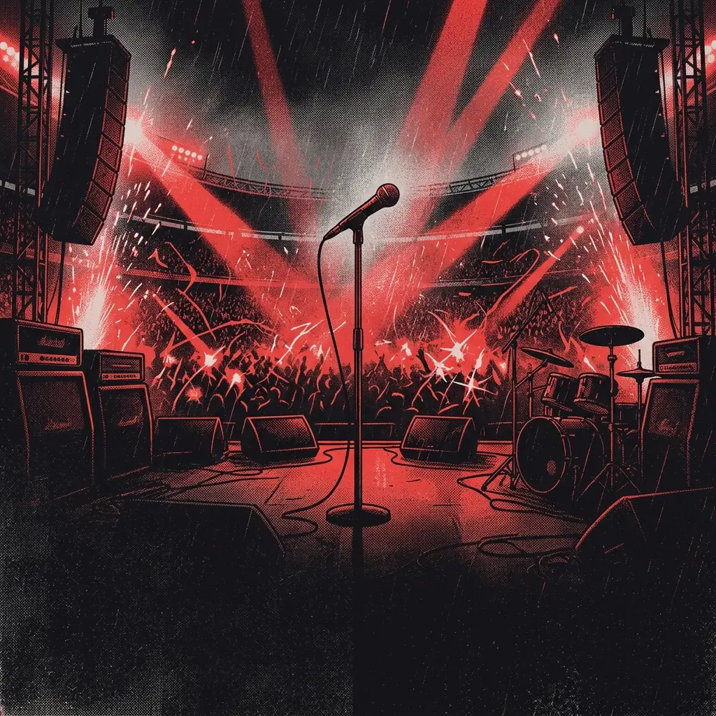 ilustración tributo de un micrófono en el centro de un estadio lleno bajo una lluvia de luz roja y destellos plateados, atmósfera de concierto masivo de heavy metal, escenario en penumbra con energía eléctrica en el aire, sin rostros ni logos, paleta rojo y negro