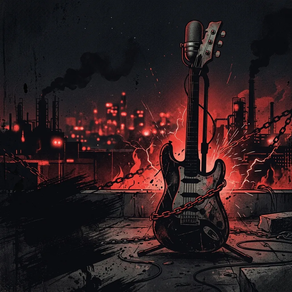 ilustración tributo de una guitarra eléctrica y un micrófono fundidos en una sola silueta sobre fondo de ciudad industrial nocturna con luces rojas y negras, motivos de cadenas rotas y energía contenida, sin texto ni logotipos, paleta rojo y negro con destellos plateados