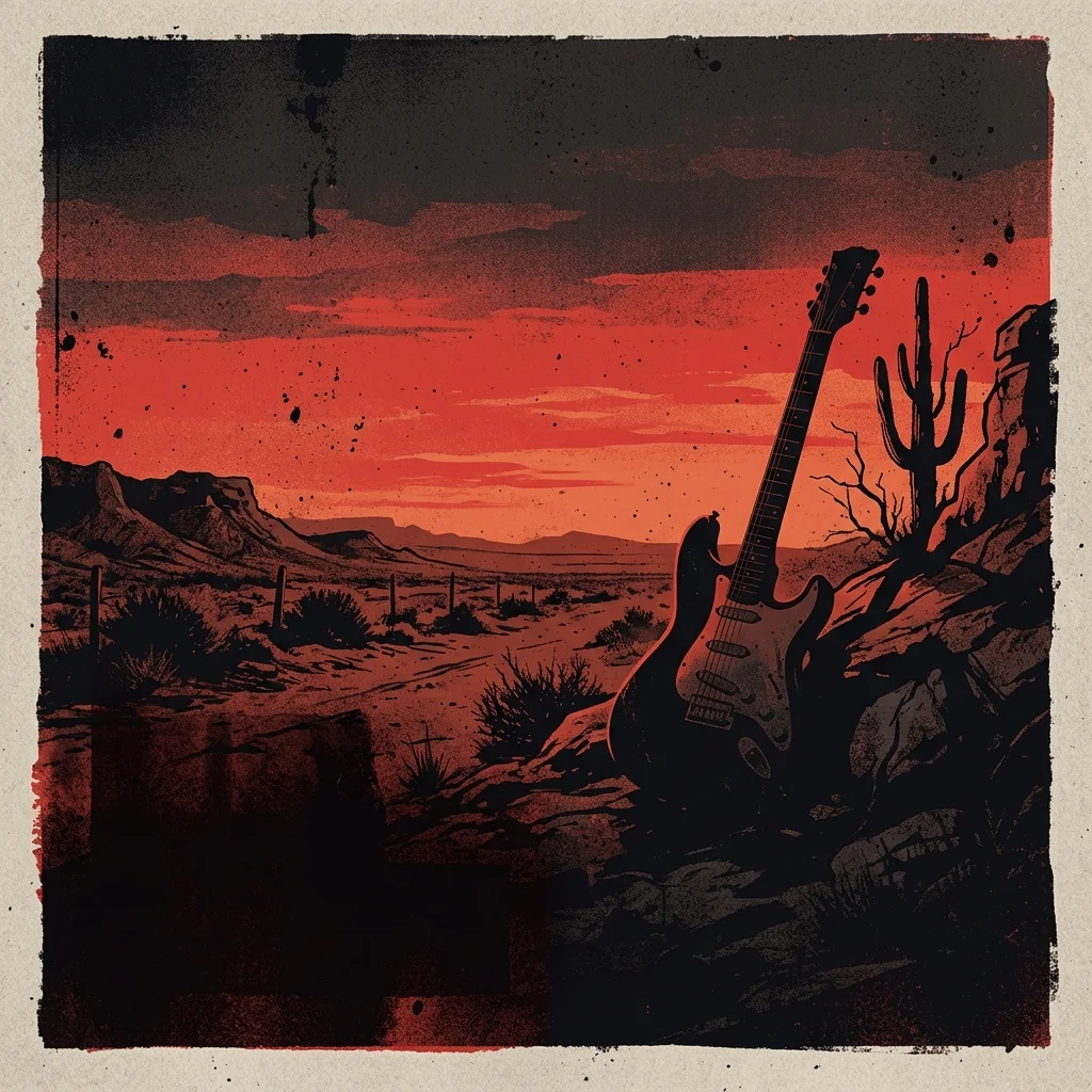 ilustración tributo de un paisaje fronterizo del noreste mexicano al atardecer con una guitarra eléctrica en silueta, atmósfera melancólica, paleta rojo y negro, sin rostros ni logos
