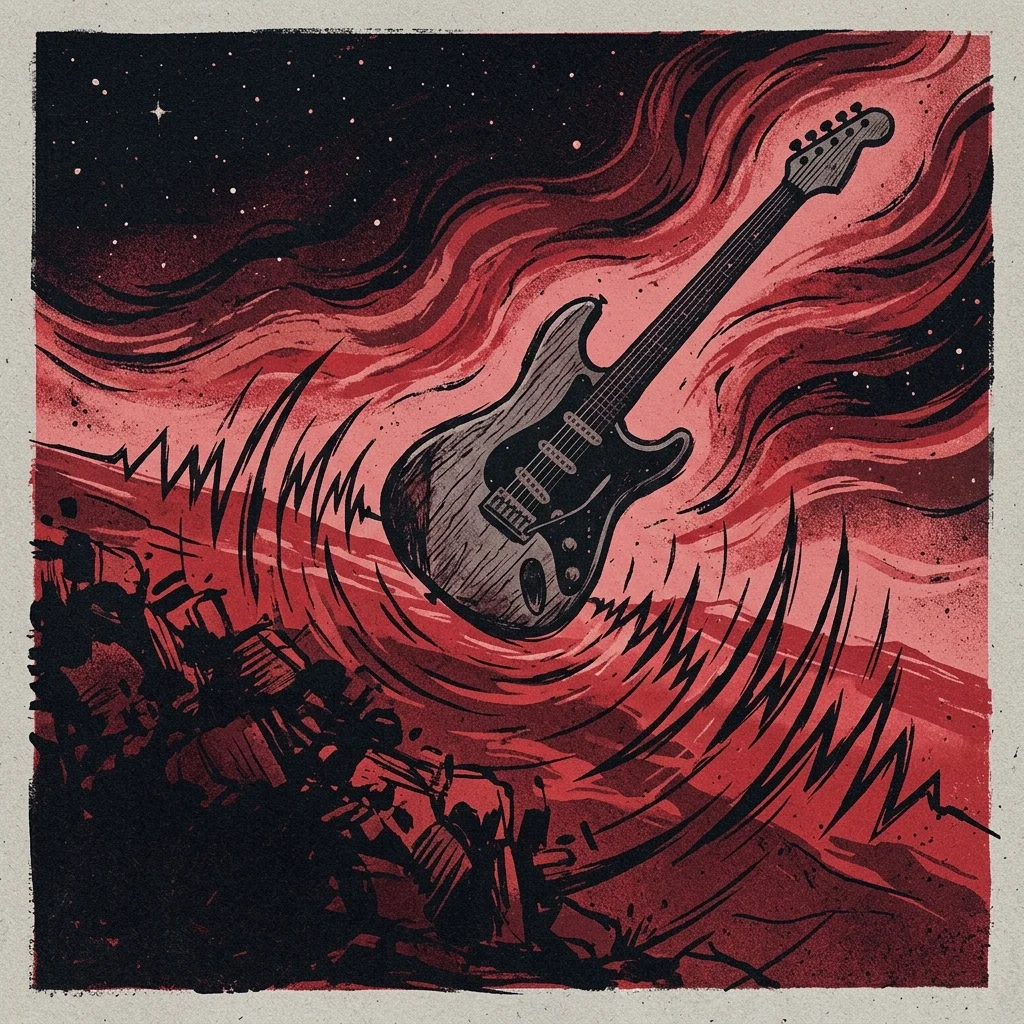 ilustración tributo de ondas sísmicas estilizadas atravesando un cielo nocturno con una guitarra, atmósfera emocional, paleta rojo y negro, sin rostros ni logos