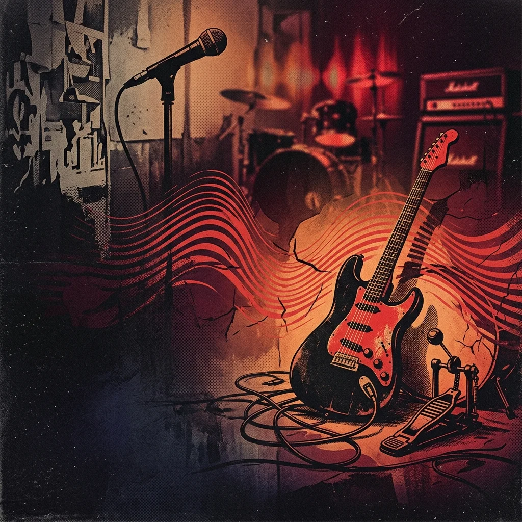ilustración tributo de instrumentos de rock entre ondas de sonido y tonos melancólicos cálidos, atmósfera emocional, paleta rojo y negro, sin texto ni logotipos