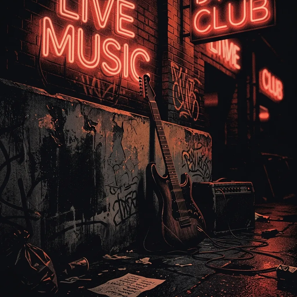 ilustración tributo de una guitarra eléctrica apoyada en un muro del Sunset Strip bajo neones rojos, atmósfera nocturna y dramática de Los Ángeles años 80, paleta rojo y negro, sin rostros reconocibles ni logos