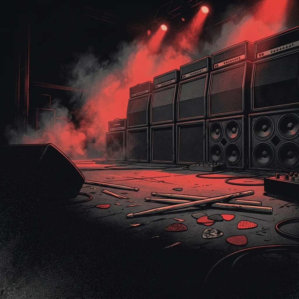 ilustración tributo de un escenario de arena iluminado con luz roja y humo, amplificadores Marshall apilados en el fondo, baquetas y púas sobre el suelo del escenario, atmósfera épica de concierto hard rock años 80, paleta rojo y negro, sin rostros ni logos
