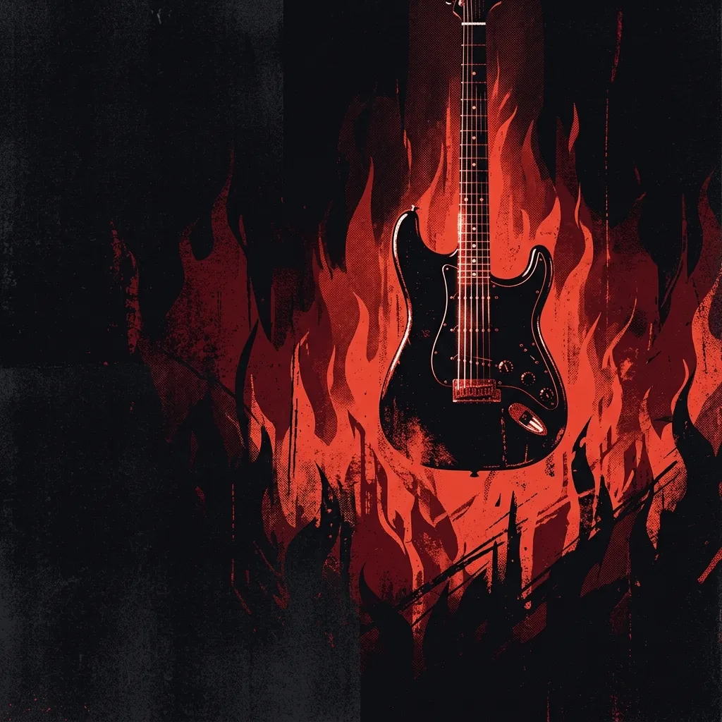 ilustración tributo de una guitarra eléctrica de cuerpo sólido suspendida sobre un fondo de llamas rojas y sombras negras, cuerdas iluminadas con luz dramática, estética hard rock años 80, paleta rojo y negro, sin texto ni logotipos