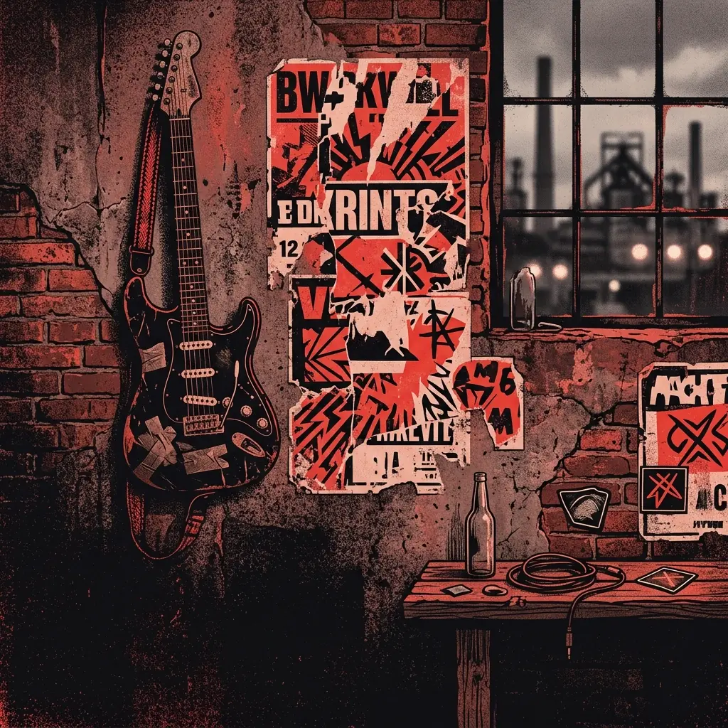 ilustración tributo de una guitarra eléctrica colgada sobre un póster de festivales europeos de punk rock de los años 90, fondo industrial de ciudad minera alemana, paleta rojo y negro, sin rostros reconocibles ni logos