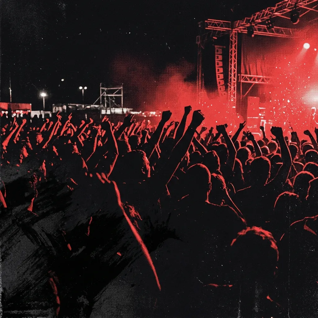 ilustración tributo de una fosa de punk rock llena de siluetas con los puños en alto bajo una luz de escenario roja, atmósfera de concierto de festival europeo años 2000, paleta rojo y negro con destellos blancos, sin rostros ni logos
