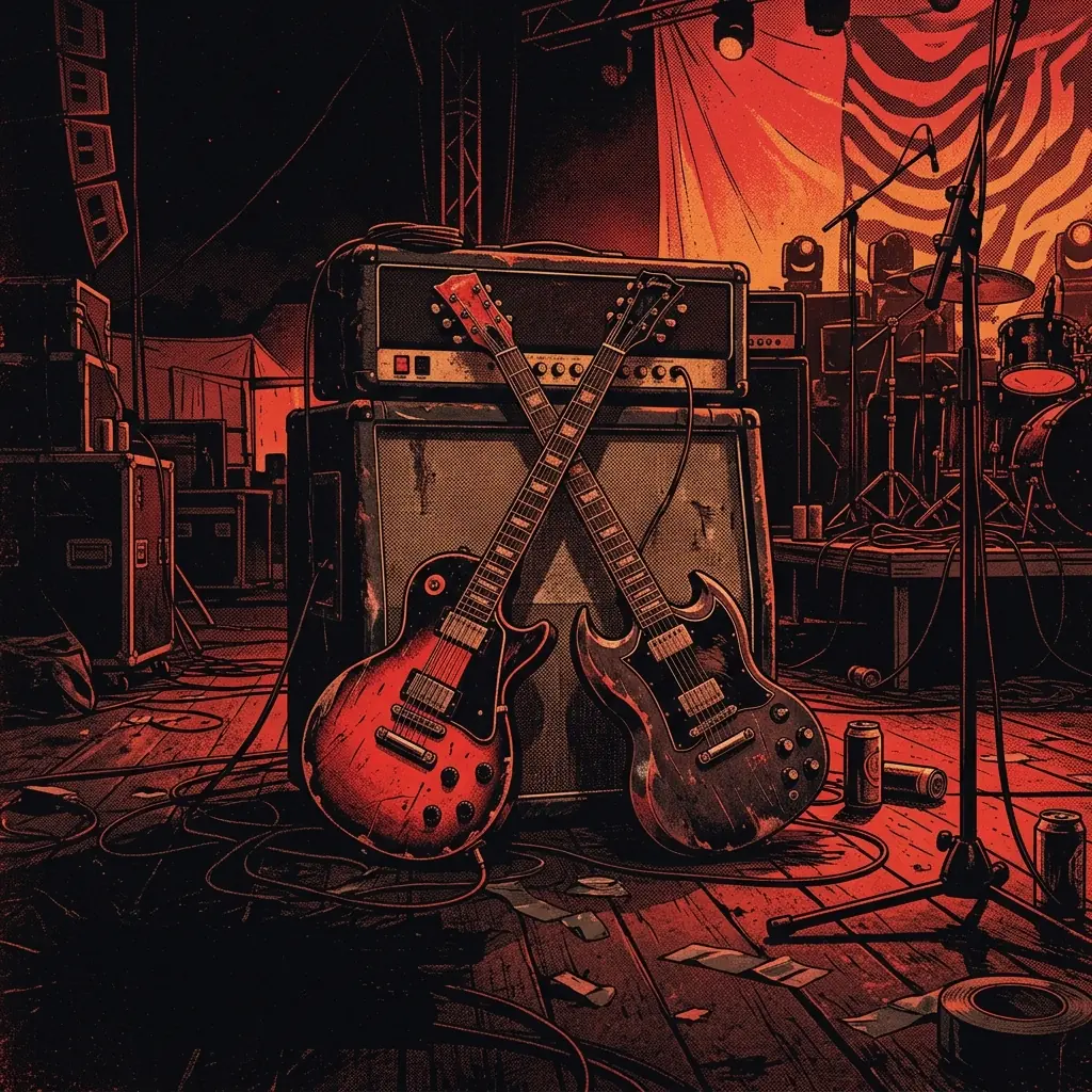 ilustración tributo de dos guitarras eléctricas cruzadas sobre un amplificador vintage en un escenario de festival alemán, luz roja de backstage, paleta rojo y negro intensa, sin texto ni logotipos