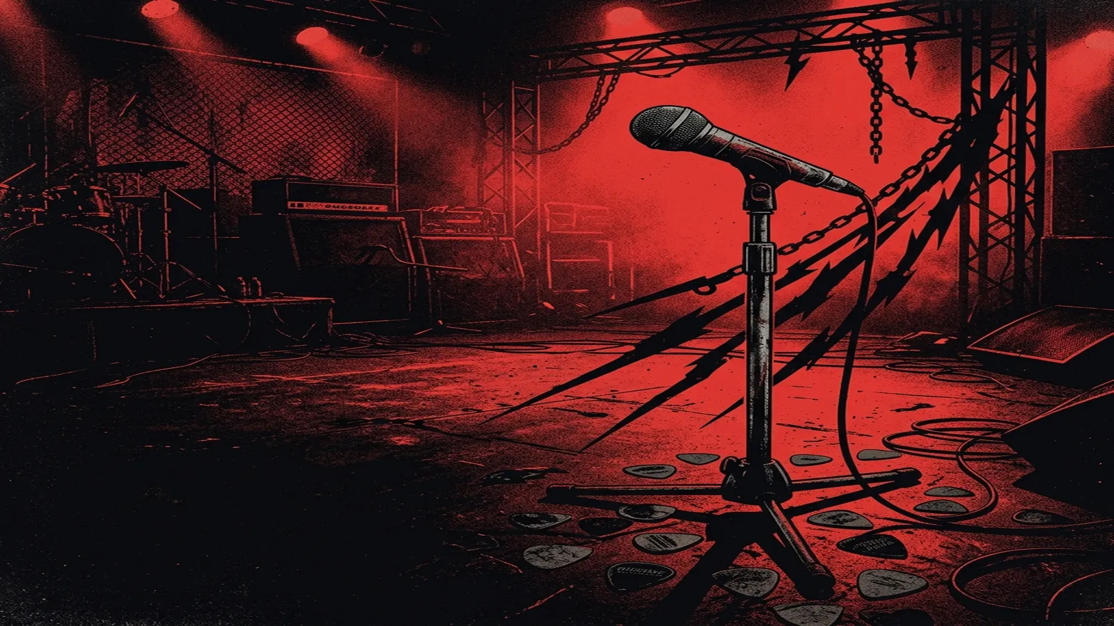 ilustración tributo de un micrófono sobre un escenario bañado en luz roja con sombras alargadas de cadenas y púas de guitarra, atmósfera de heavy metal alemán de los años 80, sin rostros reconocibles ni logos, paleta rojo y negro