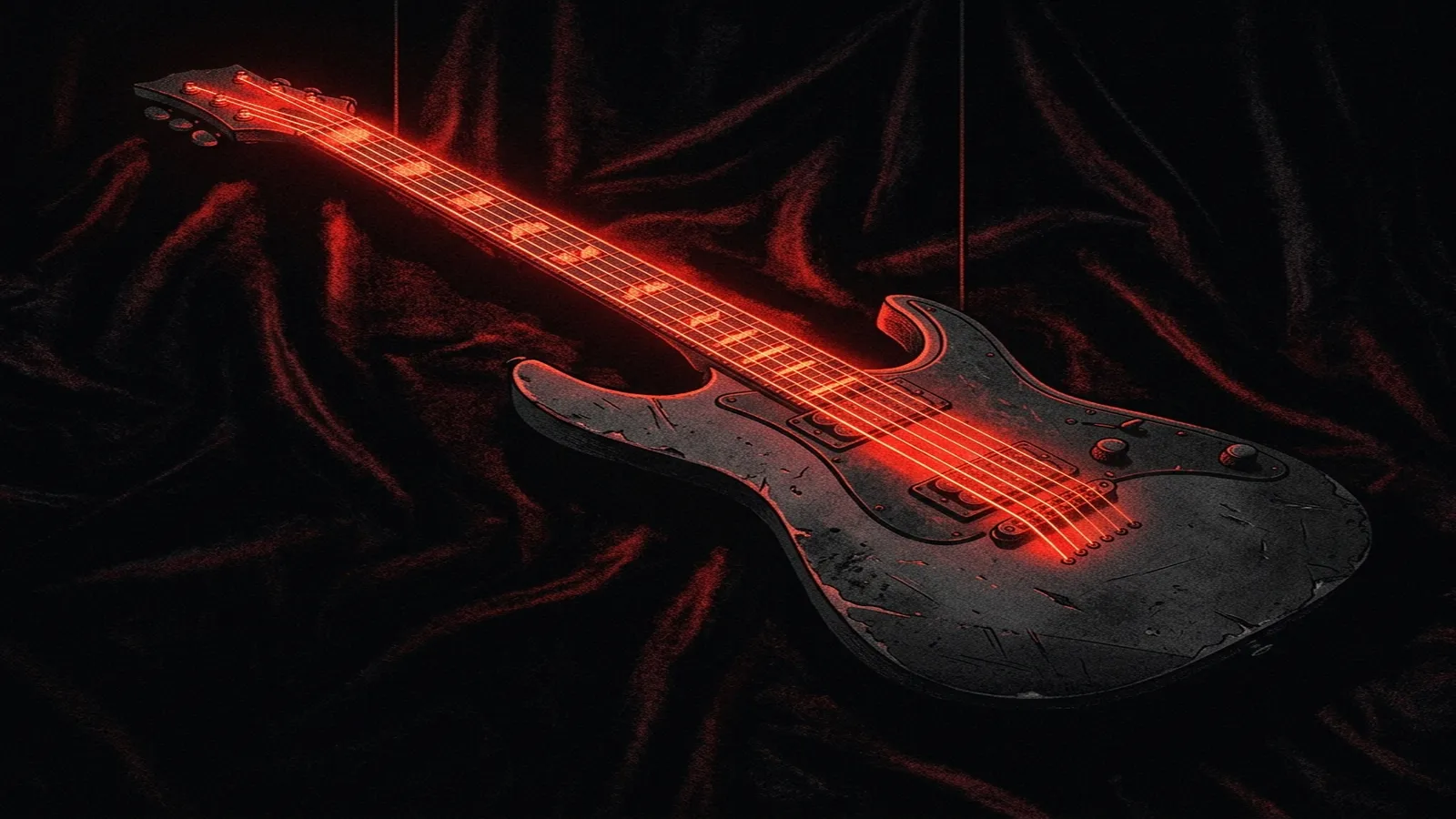 ilustración tributo de una guitarra eléctrica con cuerdas que brillan como ascuas rojas sobre un fondo oscuro de terciopelo negro, atmósfera power metal de los años 90 y 2000, sin rostros ni logos, paleta rojo y negro