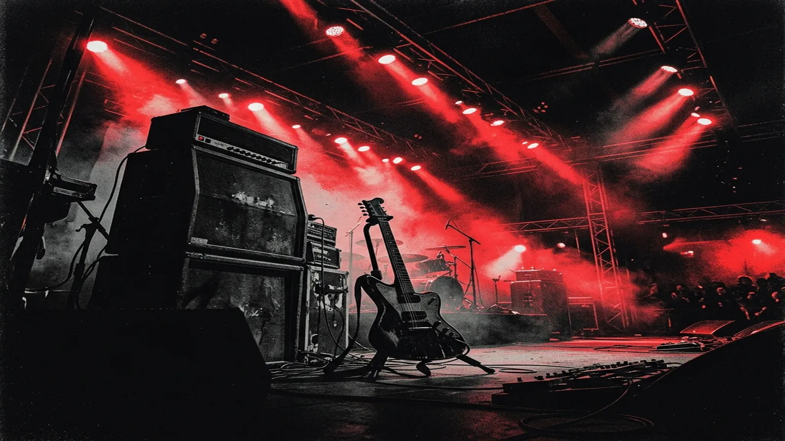 ilustración tributo de un escenario de heavy metal visto desde abajo con focos rojos y negros encendiéndose en la oscuridad, siluetas de amplificadores y una guitarra en primer plano, sin rostros ni logotipos, paleta rojo y negro