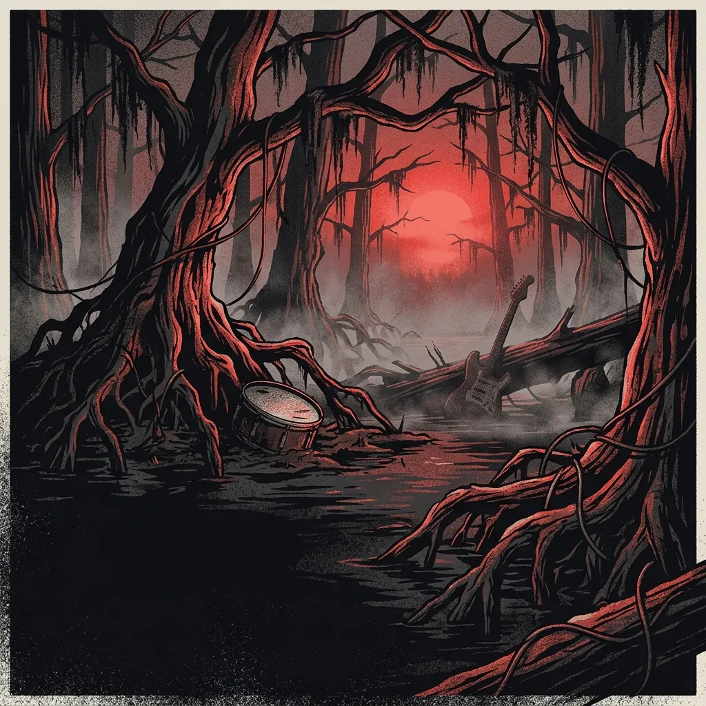 ilustración tributo de un pantano de Luisiana al atardecer con cipreses retorcidos y niebla baja, atmósfera pesada y opresiva, paleta rojo y negro, sin rostros reconocibles ni logos