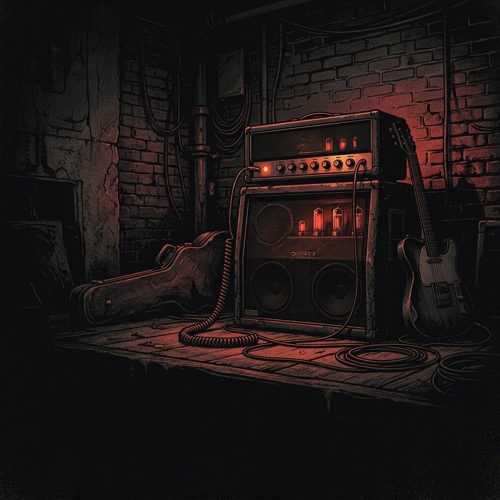 ilustración tributo de un amplificador encendido en un sótano con luces tenues y paredes de ladrillo, atmósfera subterránea e intensa, paleta rojo y negro, sin rostros ni logos