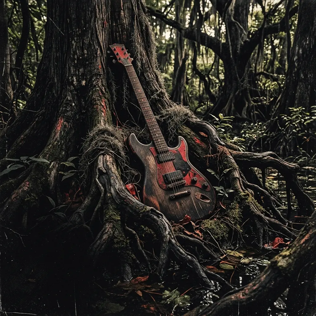 ilustración tributo de una guitarra eléctrica entre raíces de un árbol centenario de Luisiana, luz filtrada entre hojas oscuras, atmósfera densa y orgánica, paleta rojo y negro, sin texto ni logotipos
