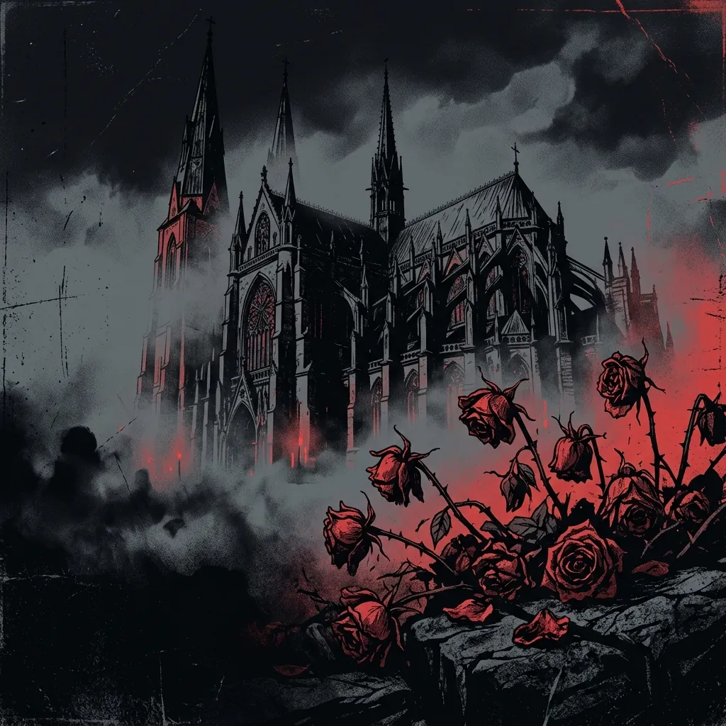 ilustración tributo de una catedral gótica sueca envuelta en niebla nocturna, rosas marchitas en primer plano, atmósfera pesada y romántica, paleta rojo sangre y negro profundo, sin rostros reconocibles ni logos