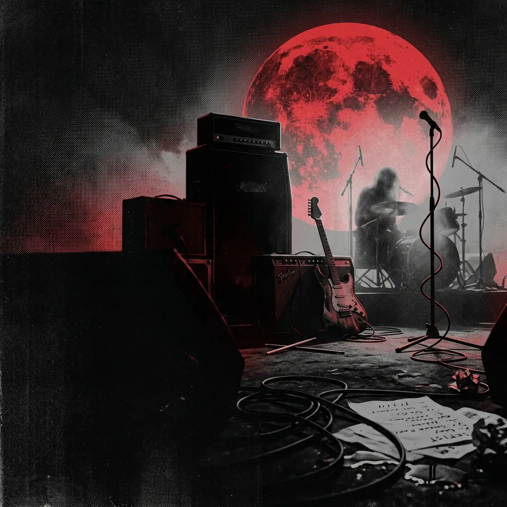 ilustración tributo de dos figuras silueteadas a contraluz bajo una luna roja, una en sombra oscura y otra en luz difusa, atmósfera romántica y trágica, paleta carmín y negro, sin rostros ni logos reconocibles