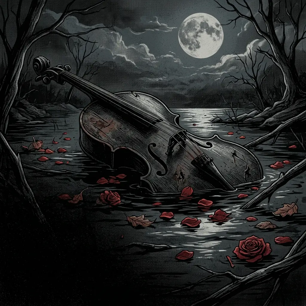 ilustración tributo de un instrumento de cuerda sumergido en agua oscura bajo una luna llena, pétalos rojos flotando en la superficie, atmósfera de doom gótico onírico, paleta rojo y negro, sin texto ni logotipos