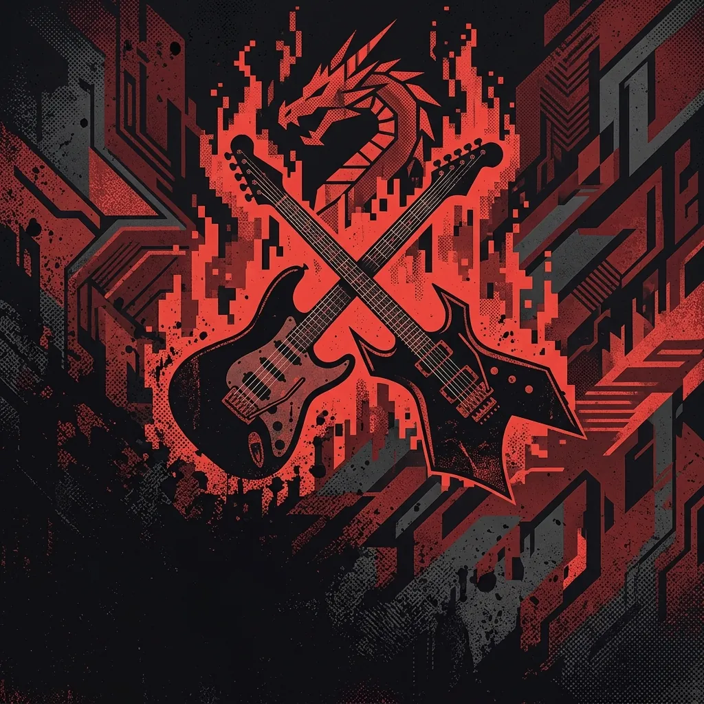 ilustración tributo de dos guitarras eléctricas cruzadas sobre un fondo de llamas digitales y un dragón estilizado en ascenso, atmósfera épica de videojuego de los 90, paleta rojo y negro intenso, sin rostros reconocibles ni logos