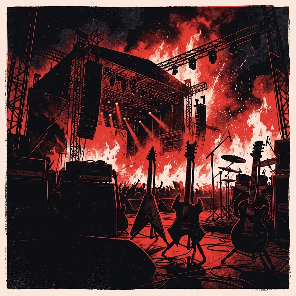 ilustración tributo de un escenario de festival nocturno bañado en luz roja con guitarras en silueta y llamas en el fondo, atmósfera de gran concierto de metal, paleta rojo y negro, sin rostros ni logos