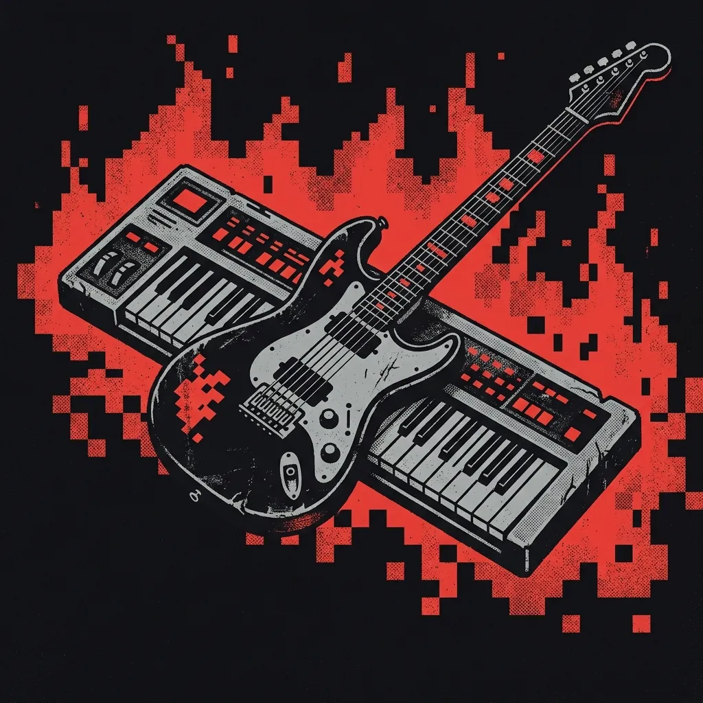 ilustración tributo de un teclado de videojuego retro fusionado con una guitarra eléctrica sobre fondo de píxeles en llamas, estética 8-bit y power metal, paleta rojo y negro, sin texto ni logotipos