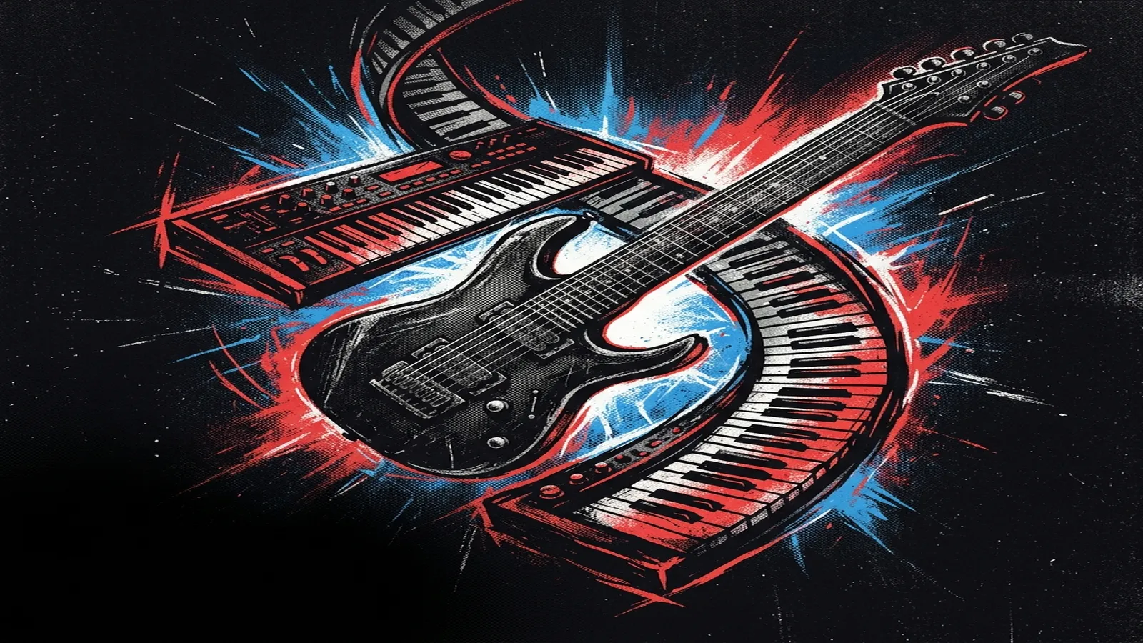 ilustración tributo de una guitarra eléctrica de siete cuerdas y un teclado entrelazados en espiral sobre fondo negro con destellos de luz azul y roja, atmósfera metal progresivo de los años 90, sin rostros reconocibles ni logos