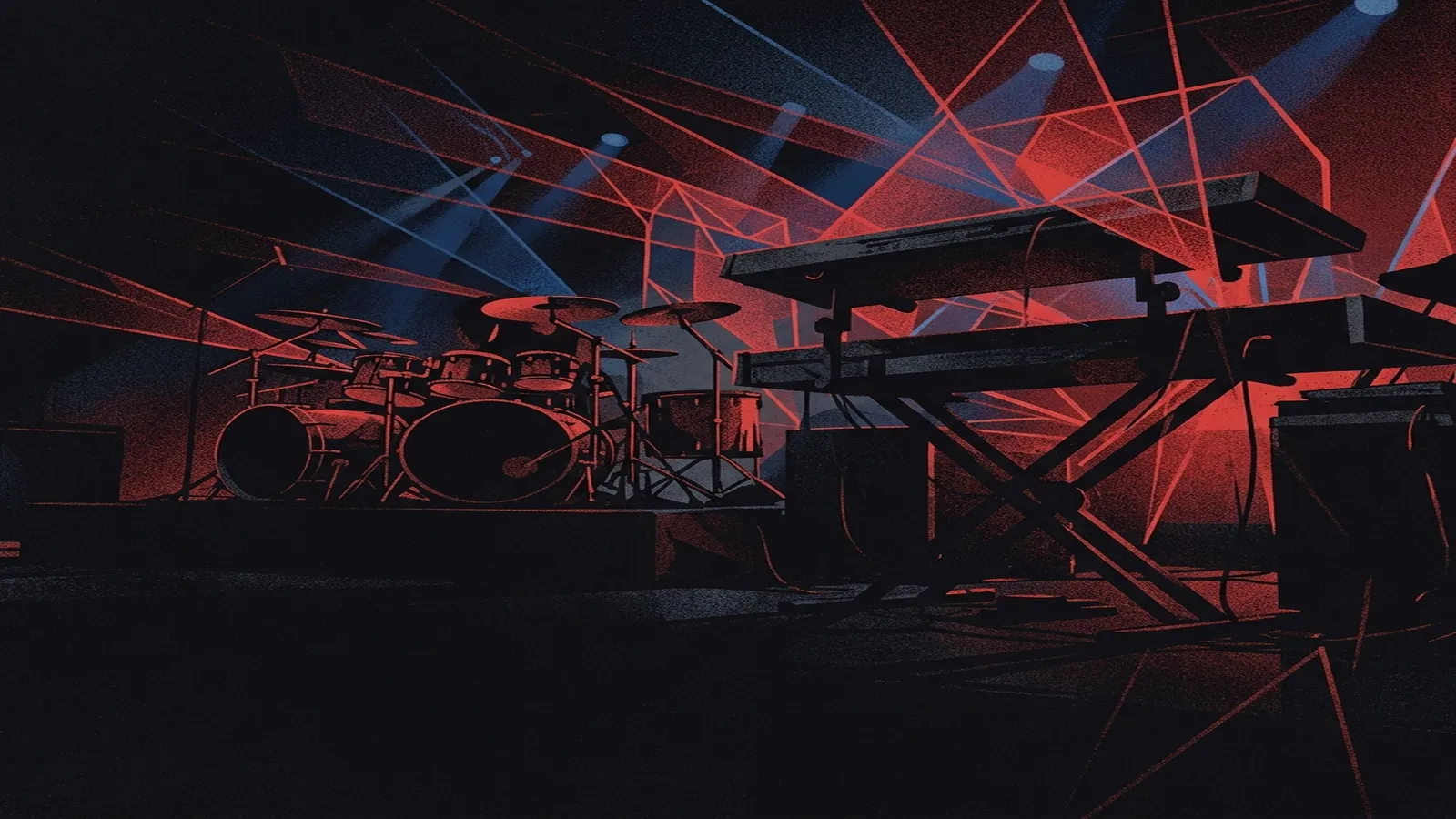 ilustración tributo de un escenario de concierto con pantallas de luz láser en rojo y azul proyectando formas geométricas abstractas sobre instrumentos de metal progresivo, batería de doble bombo y teclado monumental en penumbra, paleta rojo y negro, sin rostros ni logos
