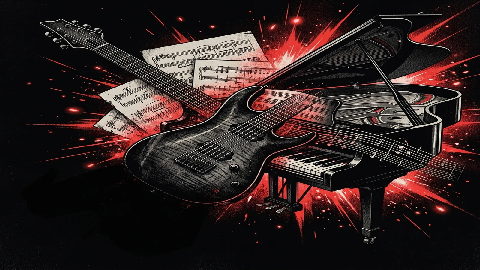 ilustración tributo de un collage de partituras, una guitarra de siete cuerdas y un teclado de cola entrelazados sobre fondo negro con destellos de luz roja, estética metal progresivo técnico y emocional, paleta rojo y negro, sin texto ni logotipos
