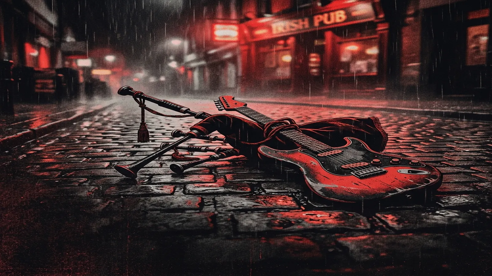 ilustración tributo de una gaita y una guitarra eléctrica entrelazadas sobre un adoquín bostoniano bajo lluvia, atmósfera de pub nocturno y energía punk, paleta rojo y negro, sin rostros reconocibles ni logos