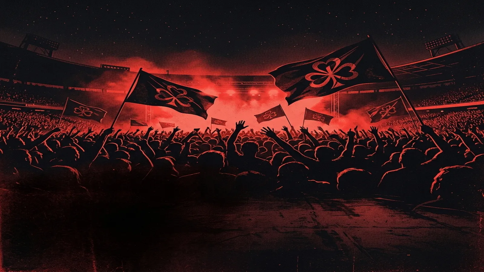 ilustración tributo de un estadio nocturno iluminado en rojo con banderas de trébol y siluetas de multitud en el foso, energía de himno colectivo, paleta rojo y negro, sin rostros ni logos