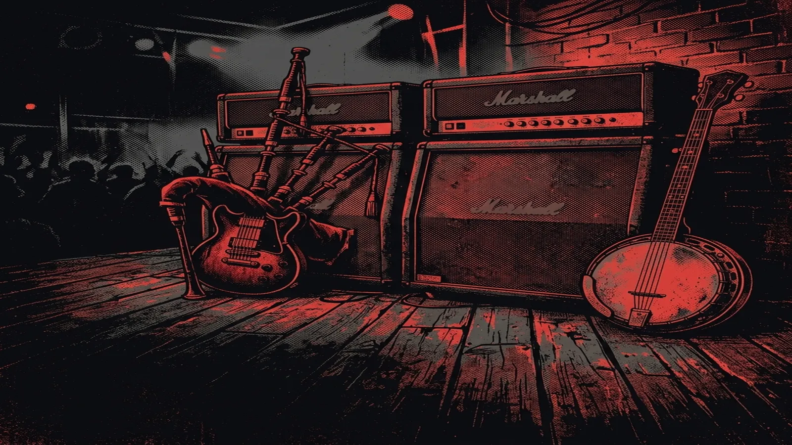 ilustración tributo de una gaita eléctrica y un banjo flanqueando amplificadores Marshall sobre un escenario de tablas de madera rústica, estética Celtic punk de los 90-2000, paleta rojo y negro, sin texto ni logotipos