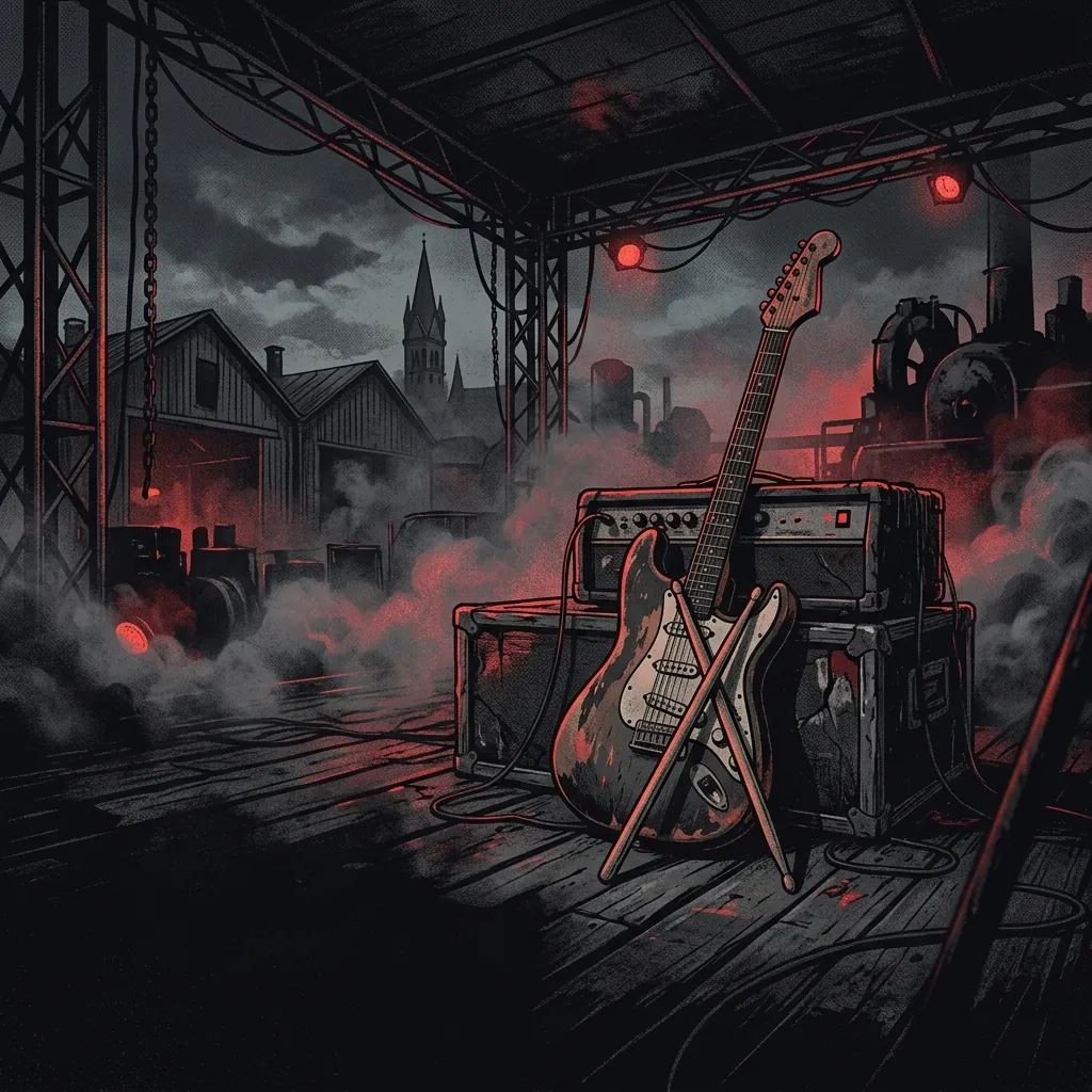 ilustración tributo de una guitarra eléctrica y baquetas cruzadas sobre un escenario industrial bávaro con niebla nocturna, atmósfera cruda y urgente, paleta rojo y negro, sin rostros reconocibles ni logos