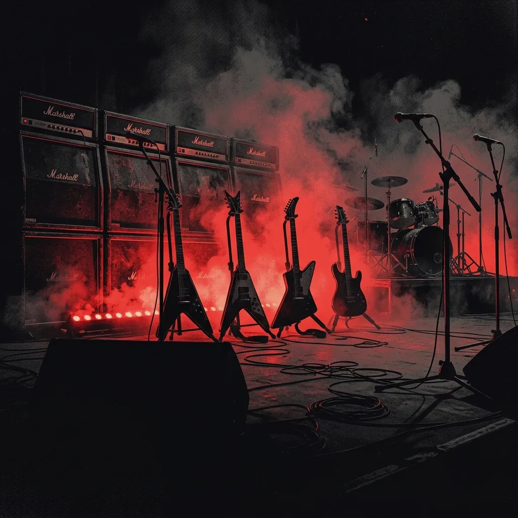 ilustración tributo de cuatro siluetas borrosas en un escenario bañado de luz roja con nubes de humo y amplificadores al fondo, atmósfera de concierto thrash apocalíptico, paleta rojo y negro, sin rostros reconocibles ni logos
