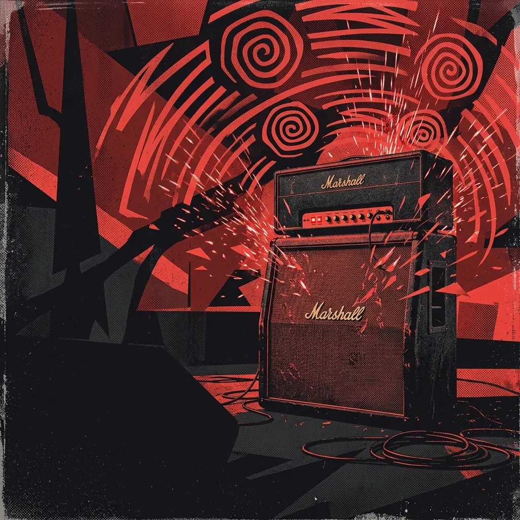 ilustración tributo de un amplificador Marshall encendido con ondas de sonido en espiral saliendo de la rejilla, rodeado de chispas y sombras angulares, paleta rojo y negro intenso, sin texto ni logotipos
