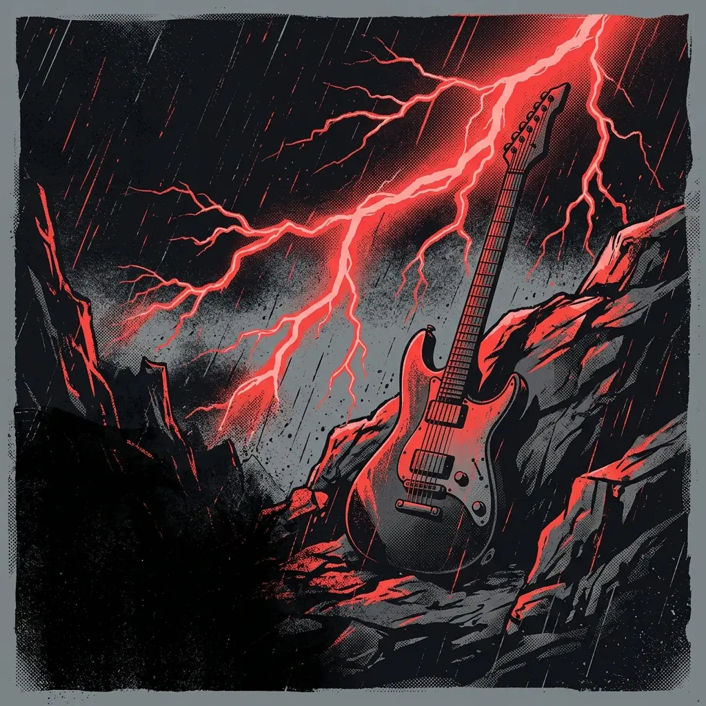 ilustración tributo de una guitarra eléctrica sobre un fondo de relámpagos y cielo nocturno sueco, atmósfera épica y poderosa, paleta rojo y negro, sin rostros reconocibles ni logos