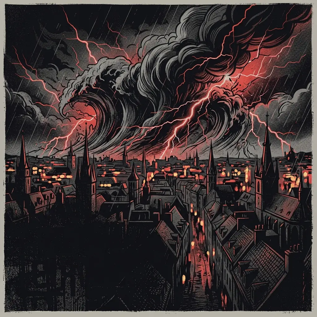 ilustración tributo de una masa titánica de ondas sonoras y relámpagos sobre ciudad nocturna europea, atmósfera dramática y colosal, paleta rojo y negro, sin rostros ni logos