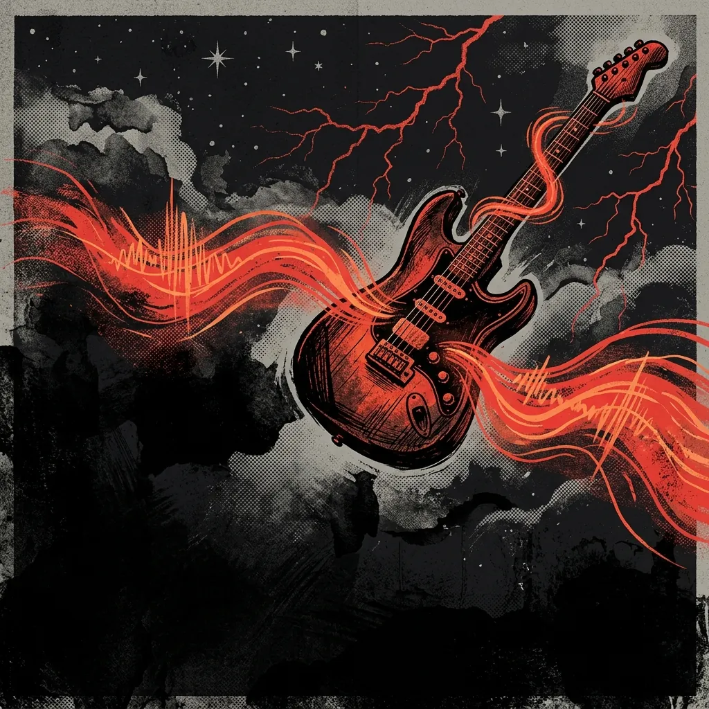 ilustración tributo de una guitarra eléctrica y ondas de energía sobre un fondo de cielo nocturno con estrellas y relámpagos, composición épica y atmosférica, paleta rojo y negro intensa, sin texto ni logotipos
