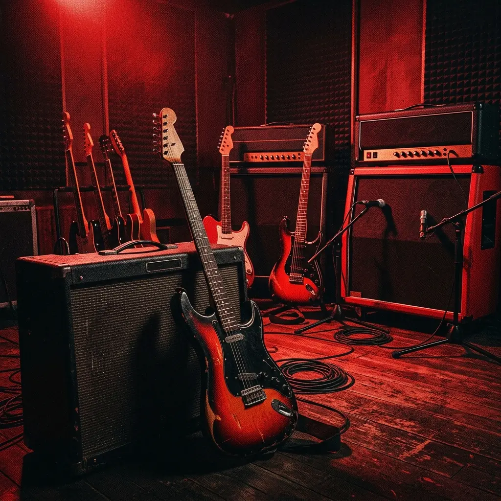 ilustración tributo de guitarras eléctricas y amplificadores en un estudio de grabación bañado en luz roja, atmósfera intensa de hard rock melódico sueco, sin rostros reconocibles ni logos, paleta rojo y negro