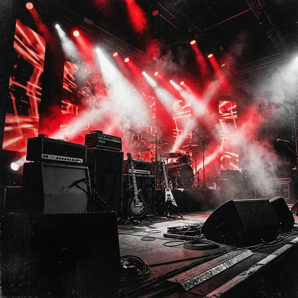 ilustración tributo de un escenario de concierto masivo con luces rojas y blancas en contraluz, siluetas de guitarristas y amplificadores en primer plano, atmósfera épica de hard rock sueco contemporáneo, sin rostros ni logos, paleta rojo y negro