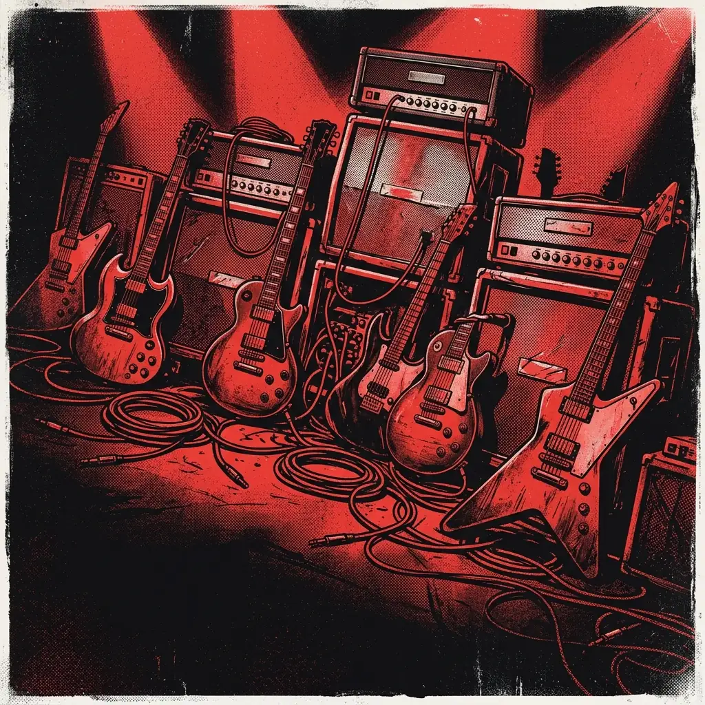 ilustración tributo de un collage de guitarras eléctricas, cables de micrófono y amplificadores vintage bajo iluminación roja de escenario, composición dinámica y poderosa que evoca el hard rock melódico sueco de los 2000, sin texto ni logotipos, paleta rojo y negro