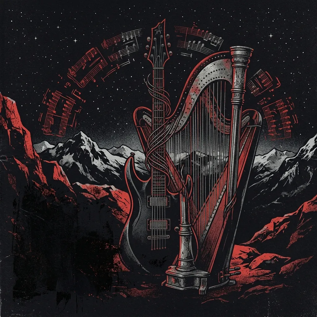ilustración tributo de una guitarra eléctrica y un arpa entrelazadas sobre un paisaje alpino nocturno, estrellas sobre picos nevados, arreglos de partitura flotando en el aire, metal sinfónico austriaco, sin rostros reconocibles ni logos, paleta rojo y negro con toques plateados