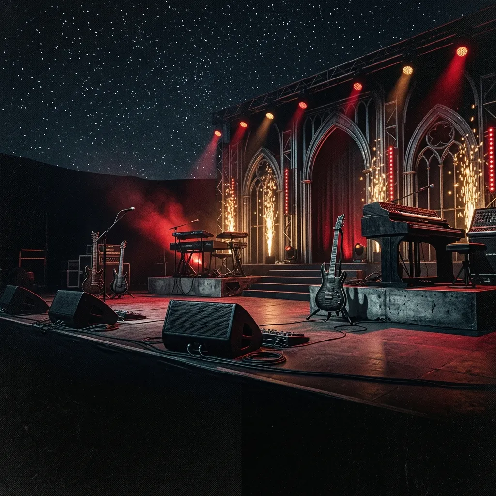 ilustración tributo de un escenario de metal sinfónico bañado en luz roja, guitarras eléctricas y teclados monumentales bajo un cielo de estrellas alpinas, atmósfera épica y cinematográfica, sin rostros ni logos, paleta rojo y negro con destellos dorados