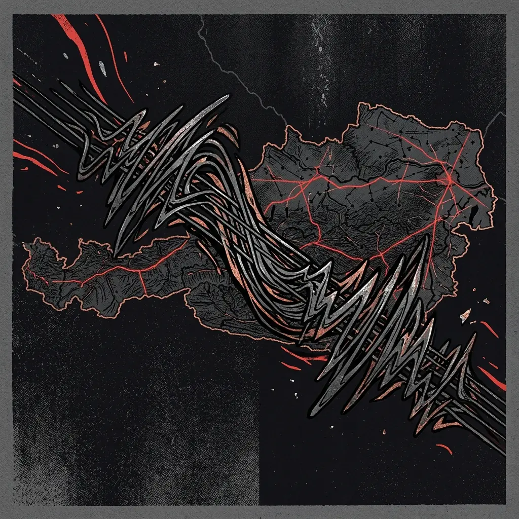 ilustración tributo de una partitura orquestal que se convierte en ondas de sonido metálico sobre un mapa de Austria con constelaciones y líneas de guitarra eléctrica entretejidas, sin texto ni logotipos, paleta rojo y negro con destellos plateados y cobrizos