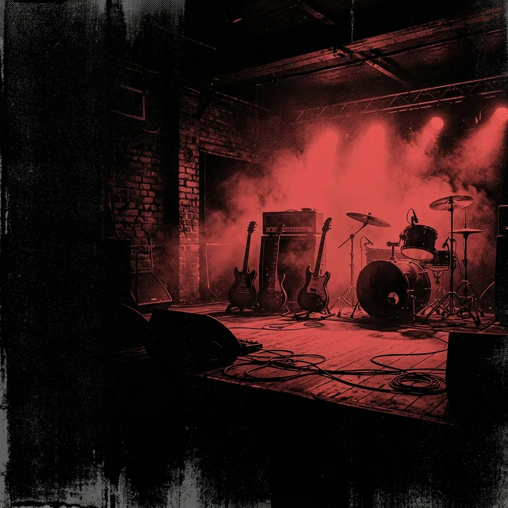 ilustración tributo de una sala de conciertos pequeña con luz roja intensa, guitarras eléctricas en silueta contra el humo del escenario, atmósfera post-punk oscura de Birmingham, sin rostros reconocibles ni logos, paleta rojo y negro